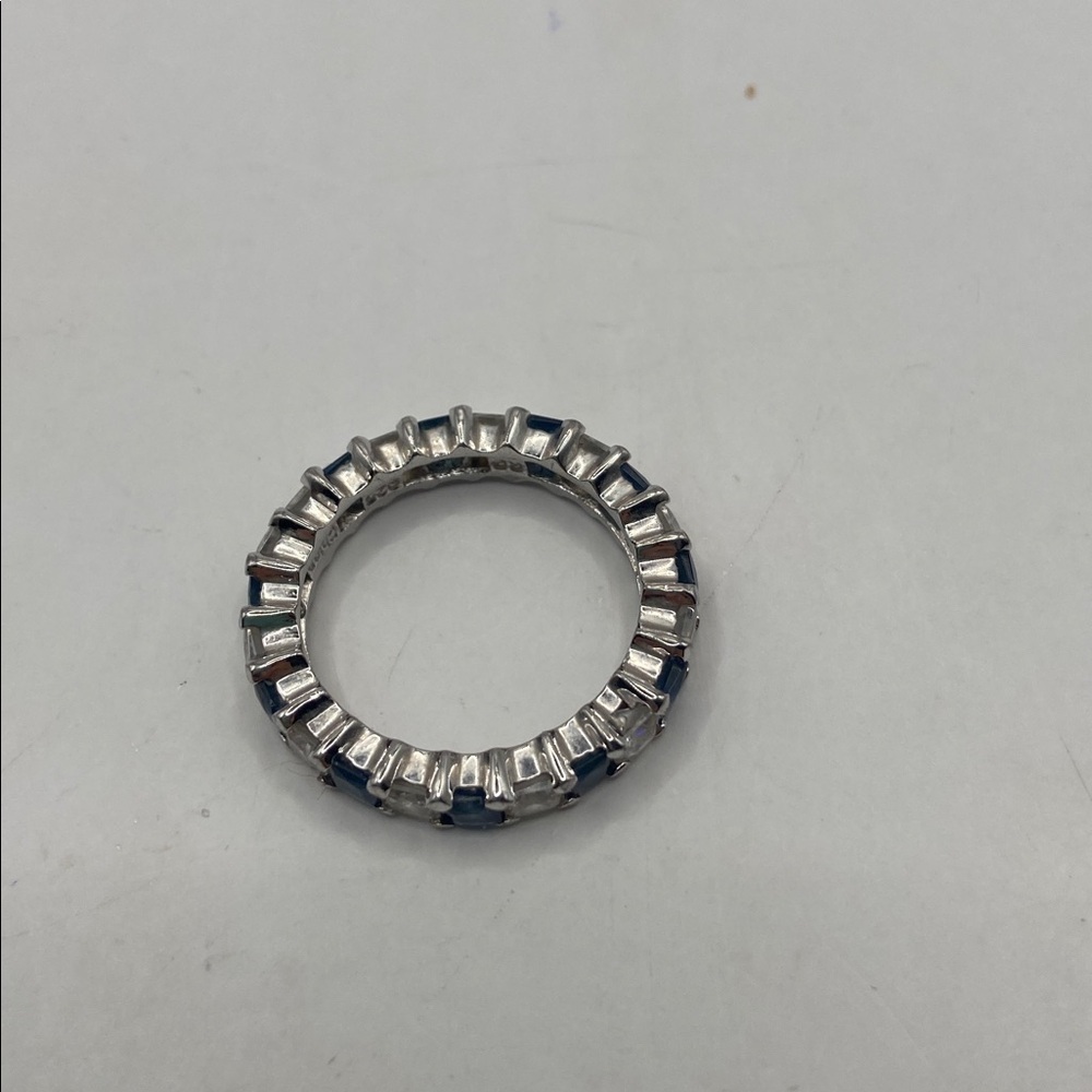 Sterling Silver Princess Cut Simulated Sapphire & Diamond Eternity Band Ring 7 - Picture 6 of 9